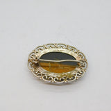 Sterling Silver Oval Tiger's Eye Patterned Edge Brooch Pin Vintage c1970