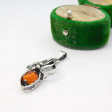 Sterling Silver Baltic Amber Set Leaf Design Charm Pendant Vintage c1970