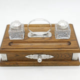 Sheaffer Sterling Silver Mounted Oak & Cut Crystal Inkpot Desk Stand Vintage