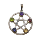 Sterling Silver Multi-Gem Set Pentagram Star Drop Pendant Vintage