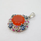 Sterling Silver, Agate, Sapphire & Ruby Floral Pendant Vintage c1990s