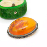 Sterling Silver Cabochon Cut Baltic Amber Brooch Pin Antique c1920 Art Deco