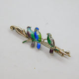 Sterling Silver Guilloche Enamel Birds On Branch Brooch Pin Antique c1920's