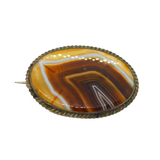 Sterling Silver Brown Banded Agate Oval Form Brooch Pin Antique c1930