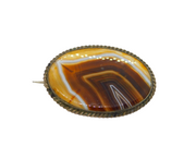 Sterling Silver Brown Banded Agate Oval Form Brooch Pin Antique c1930