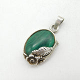 Sterling Silver & Malachite Set Floral Drop Pendant Vintage c1970