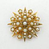 9ct Yellow Gold & Seed Pearl Set Starburst Brooch Vintage 1965 London