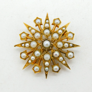 9ct Yellow Gold & Seed Pearl Set Starburst Brooch Vintage 1965 London