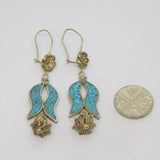 Pair Navajo Sterling Silver Turquoise Floral Studio Drop Earrings Vintage c1970