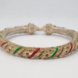 Indian Sterling Silver & Red-Green Enamel Cuff Bangle Bracelet Vintage c1950