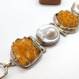 Large Sterling Silver, Quartz & Abalone Pearl Statement Bracelet Vintage c1980