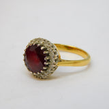 Boxed 18ct Yellow Gold, Garnet & Diamond Floral Engagement Ring Antique