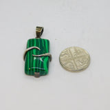 Sterling Silver Green Stripy Glass Studio Style Pendant Vintage c1990