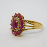 9ct Yellow Gold, Ruby & Diamond Floral Cluster Ring Vintage c1990s