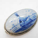 Sterling Silver Mounted Dutch Delft Brooch Pin Antique c1920s Art Deco