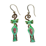 Pair of Sterling Silver Green Cloisonne Enamel Cat Drop Earrings Vintage c1970