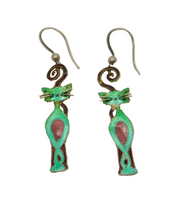 Pair of Sterling Silver Green Cloisonne Enamel Cat Drop Earrings Vintage c1970