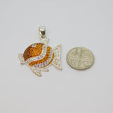 Sterling Silver Yellow, Brown & Clear Crystal Set Fish Pendant Modern c1990s