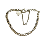 Sterling Silver Curb Link Chain Bracelet & Heart Lock Charm Vintage c1970s