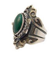 Taxco Style Sterling Silver & Malachite Secret Compartment Poison Ring Vintage