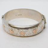 Sterling Silver & Gold Floral Pattern Cuff Bangle Bracelet Vintage 1960 Chester
