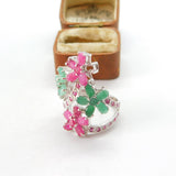 Large Sterling Silver Emerald & Ruby Paste Statement Floral Ring c1990