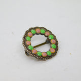 Sterling Silver Pink & Green Enamel Wreath Form Brooch Pin Antique c1930s