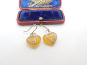 Sterling Silver, Paste & Heart Shaped Amber Resin Hook Earrings Vintage c1990