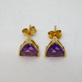 Pair of 9ct Yellow Gold & Triangular Amethyst Stud Earrings Vintage c1990s