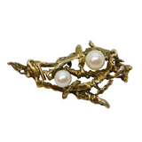 Sterling Silver Gilt & Pearl Set Modernist Floral Brooch Vintage c1970s
