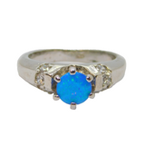 Sterling Silver Simulated Blue Opal & CZ Dress Ring Vintage c1990 Size L