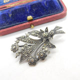 Sterling Silver Marcasite Set Bunch of Flowers Brooch Pin Antique c1920 Art Deco
