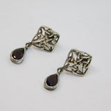 Pair of Sterling Silver Garnet Drop Celtic Pattern Stud Earrings Vintage c1970