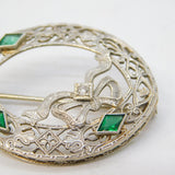 Art Deco 14ct White Gold, Emerald & Diamond Floral Dress Brooch Antique c1930s