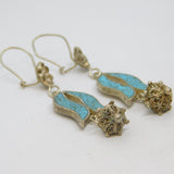 Pair Navajo Sterling Silver Turquoise Floral Studio Drop Earrings Vintage c1970