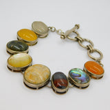 Sterling Silver Mixed Semi-Precious Stones & Shell T-Bar Bracelet Vintage c1970