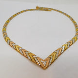 Italian Gold On Sterling Silver Tri-Colour Chevron Collar Necklace Modern c1990