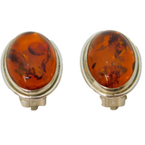 Pair of Sterling Silver Baltic Amber Oval Clip-On Earrings Vintage c1970