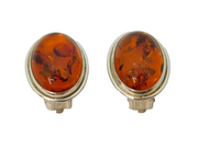 Pair of Sterling Silver Baltic Amber Oval Clip-On Earrings Vintage c1970