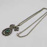 935 Silver Marcasite & Green Paste Bow & Peardrop Necklace Antique c1920's
