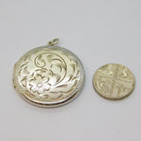 Sterling Silver Floral Pattern Round Locket Keepsake Charm Pendant Vintage c1970