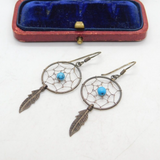 Pair Of Sterling Silver & Turquoise Dreamcatcher Earrings Vintage c1970