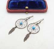 Pair Of Sterling Silver & Turquoise Dreamcatcher Earrings Vintage c1970