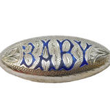 Victorian Sterling Silver Blue Enamel Baby Christening Brooch Antique c1890