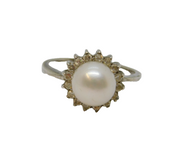 Sterling Silver Pearl & CZ Cluster Style Dress Ring Vintage c1990 Size J