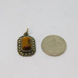 Sterling Silver Tiger's Eye & Marcasite Art Deco Charm Pendant Antique c1930
