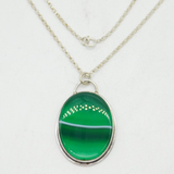 Sterling Silver & Banded Green Agate Drop Pendant Necklace Vintage c1970