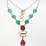 Sterling Silver Turquoise, Pearl & Rough Natural Ruby Necklace Vintage c1990s