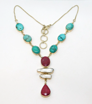 Sterling Silver Turquoise, Pearl & Rough Natural Ruby Necklace Vintage c1990s