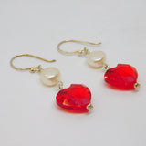 Pair of Sterling Silver Pearl & Red Crystal Heart Earrings Contemporary c2015